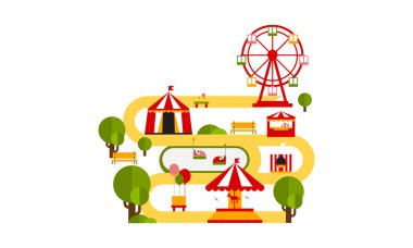 Eğlence parkı konumlar, sirk çadırı, dönme dolap, neşeli düz vektör çizim git