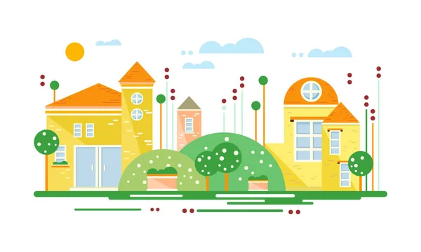 Mignons chalets immobiliers, bâtiments résidentiels jaunes sur la rue de banlieue à la saison estivale vecteur Illustration — Image vectorielle
