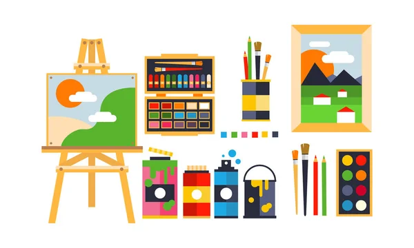 Conjunto de iconos de pintor, pintura, herramientas de arte y materiales vector plano Ilustración sobre fondo blanco — Archivo Imágenes Vectoriales