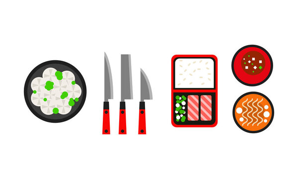 Japanese dishes icons set, traditional Asian food menu flat vector Illustration on a white background