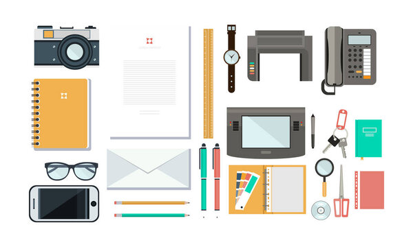 Designer workplace with tools, organization of working space vector Illustration on a white background