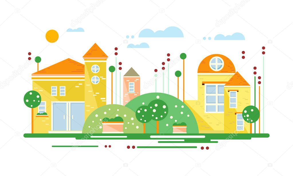 Cute real estate cottages, yellow residential buildings on suburban street at summer season vector Illustration