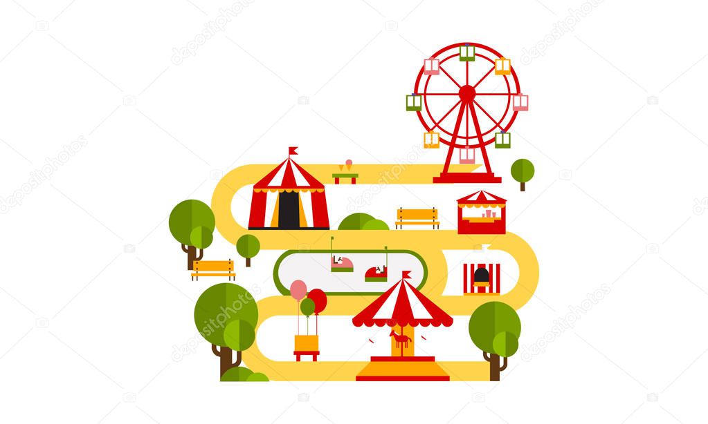 Amusement park attractions, circus tent, ferris wheel, merry go round flat vector Illustration