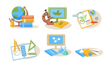 Kümesine, okul kavramı vektör çizim beyaz bir arka plan geri farklı okul malzemeleri