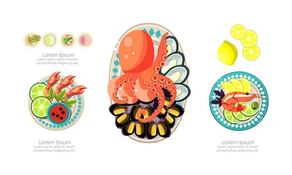 Ensemble de plats de fruits de mer, crevettes, poulpe, moules produits marins, caviar restaurant menu vectoriel Illustration — Image vectorielle