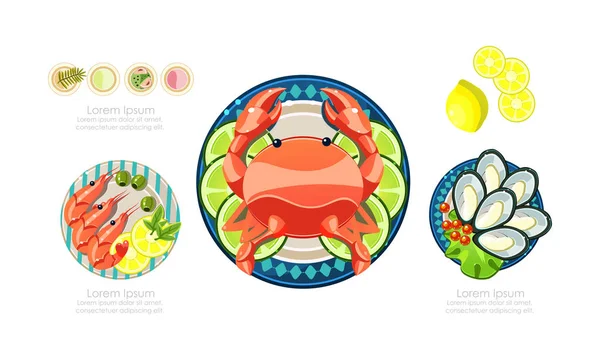 Pokrmy z mořských plodů sada, krevety, humři, ústřice, mořské produkty, kaviár restaurace menu vektorové ilustrace — Stockový vektor