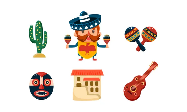 Conjunto de iconos de México, vector de símbolos de dibujos animados mexicanos Ilustración sobre un fondo blanco — Archivo Imágenes Vectoriales