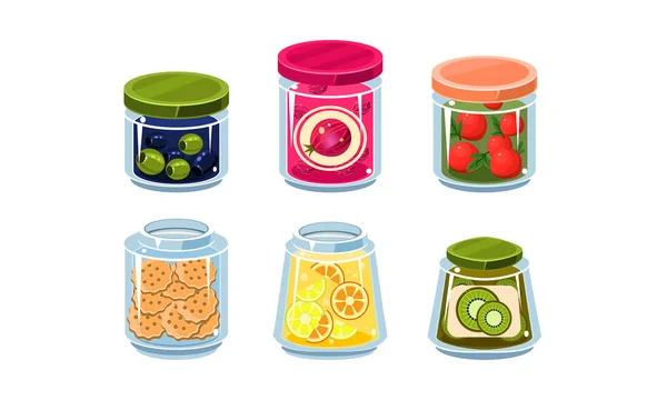 Collectie van glazen potten met ingrediënt, fris en ingeblikte voedsel eten in glaswerk vector Illustratio — Stockvector