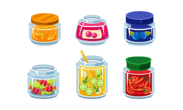 Collection of glass jars with preserved fruit and vegetables, fresh and canned food food in glassware vector Illustration — Stock Vector