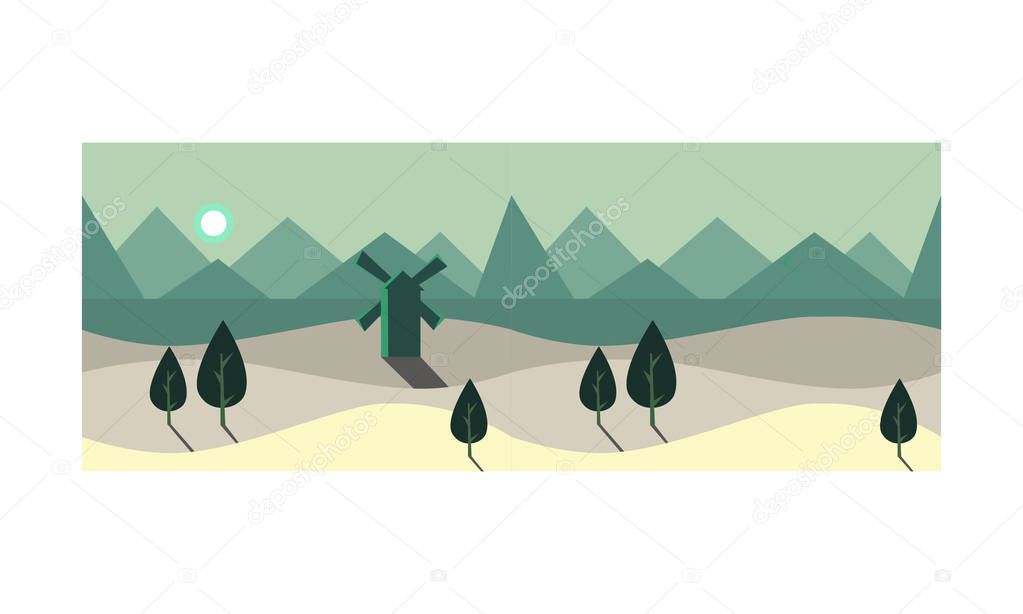 Summer landscape at night time, summer scenery with green trees and windmill, moonlit field vector Illustration