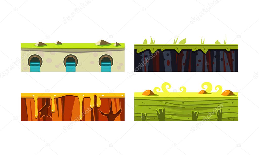 Fantasy platforms for mobile game interface set, ground textures, vector Illustration on a white background