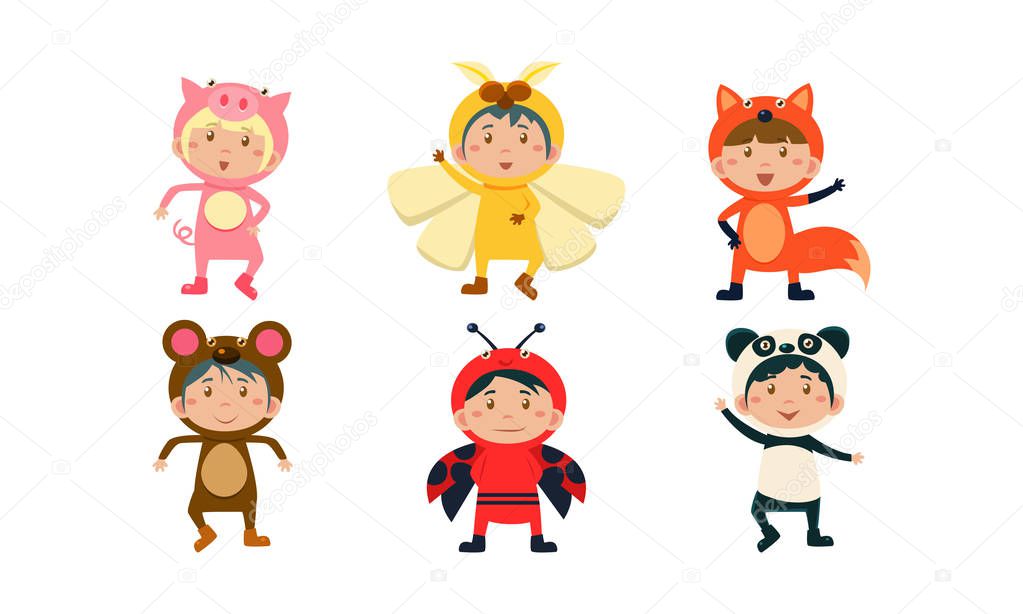 Kids in carnival costumes set, cute little boys and girls wearing insects and animals clothes, pig, bee, monkey, fox, ladybug, panda bear vector Illustration