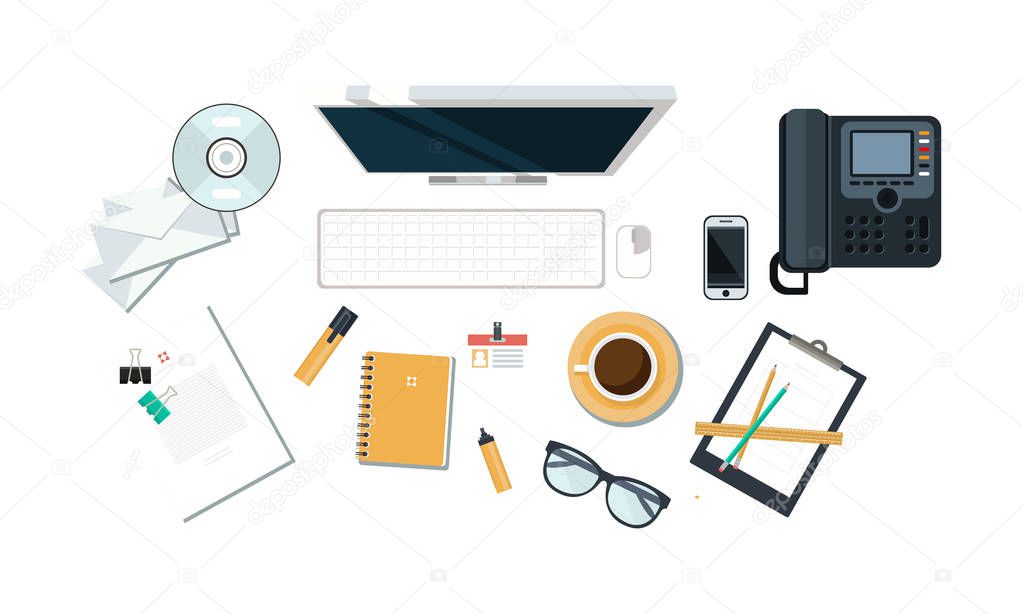 Office workplace, organization of working space, view from above vector Illustration on a white background