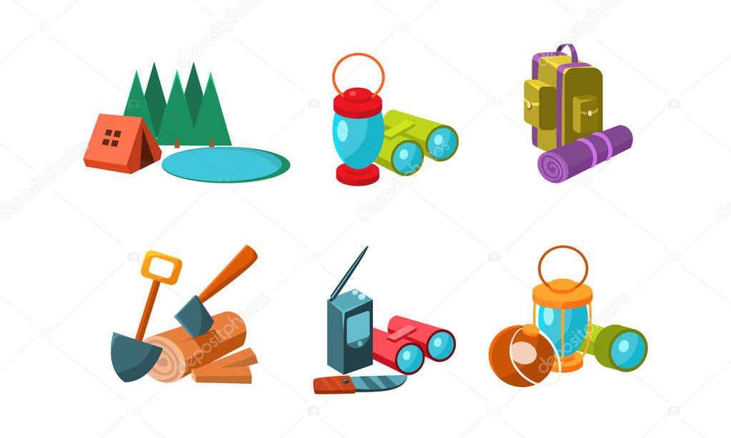 Touristic equipment, tools for hiking and camping, accessories for travel vector Illustration