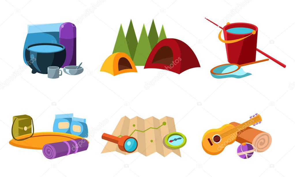 Touristic equipment, tools for hiking, fishing and camping, accessories for travel vector Illustration