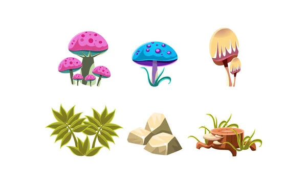 Flat vector set of natural landscape elements for computer or mobile game. Magic mushrooms, green plant, stones and tree stump
