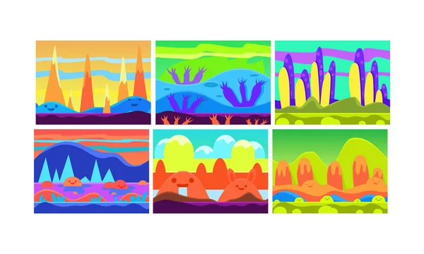 Flat vektor uppsättning tecknade seamless bakgrunder för mobilspel. Färgglada landskap med berg och floder — Stock vektor
