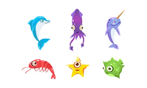 Ensemble vectoriel plat de créatures marines avec de grands yeux. Des animaux marins. Éléments pour enfants livre ou jeu — Image vectorielle