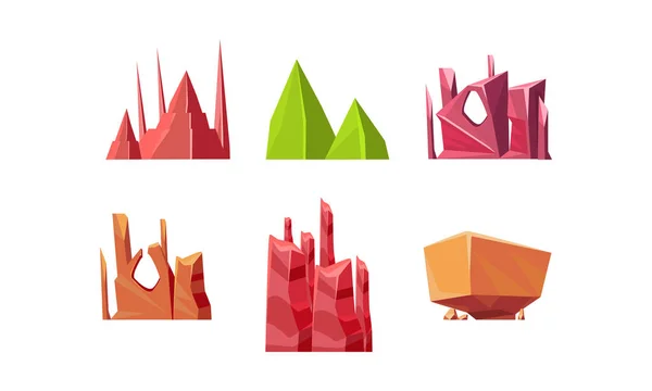 Ensemble vectoriel plat de pierres de différentes formes. Éléments naturels pour créer un fond de paysage de jeu vidéo — Image vectorielle