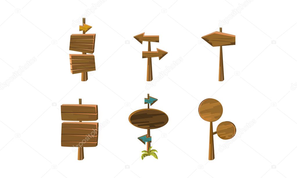 Flat vector set of wooden arrows and signboards. Banners and pointers for mobile or computer game