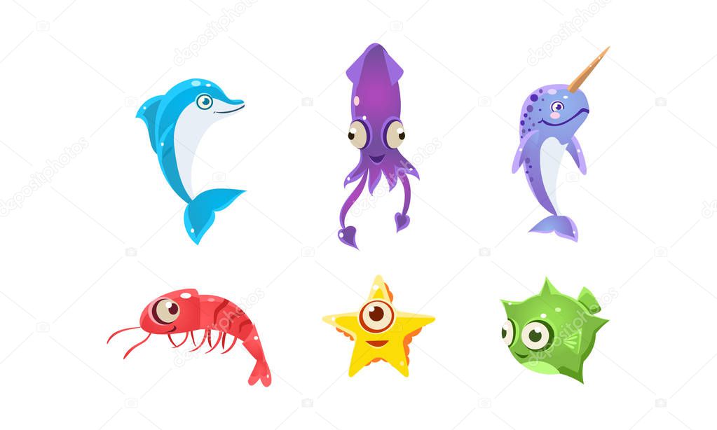 Flat vector set of marine creatures with big eyes. Sea animals. Elements for children book or game