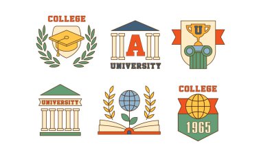 Üniversiteler ve kolejler için Amblemler vektör ayarlayın. Mezuniyet şapka, sütunlar, küre ve kupa ile düz anahat logolar
