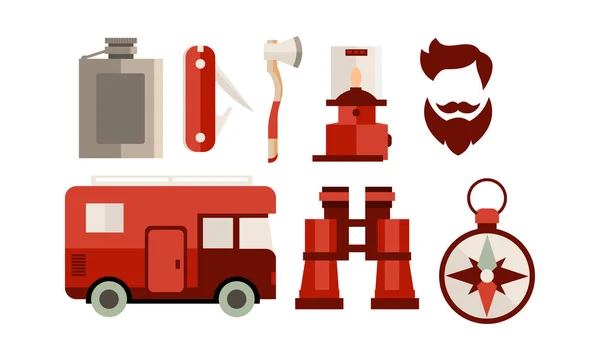 Set vettoriale piatto di icone relative al campeggio e tema di viaggio. Camper, taglio di capelli hipster, utensili e accessori — Vettoriale Stock