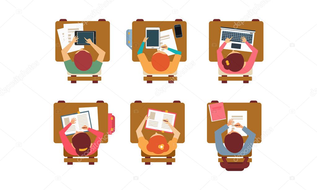 Students with books, laptops and digital tablets sitting behind desks, top view. Teenagers at classroom. Flat vector design
