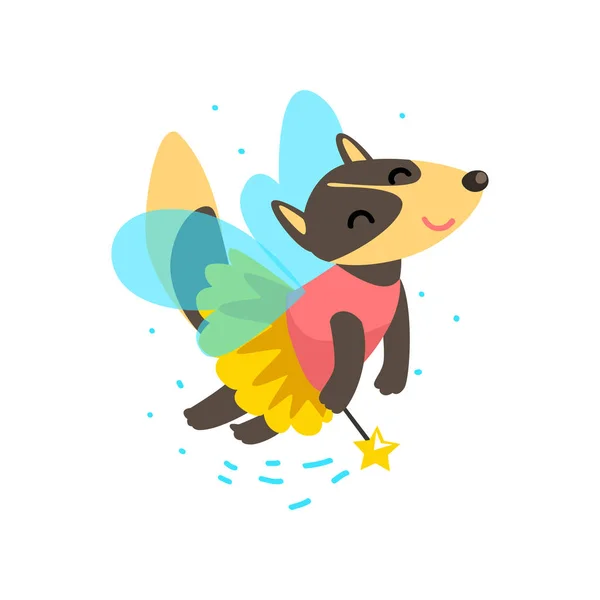Carino lupo alato volare con una bacchetta magica, fantasia fiaba animale personaggio dei cartoni animati vettoriale Illustrazione — Vettoriale Stock
