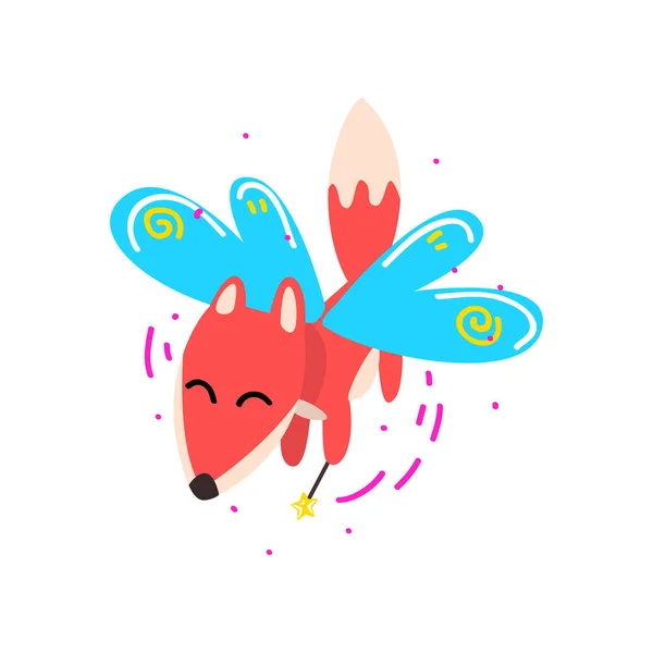 Schattig gevleugelde fox vliegen met een toverstokje, fantasy sprookje dierlijk beeldverhaal karakter vector illustratie — Stockvector