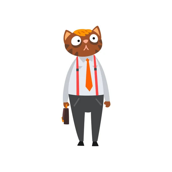 Businessman cat in formal clothes with briefcase, humanized animal cartoon character at work vector Illustration — Stock Vector