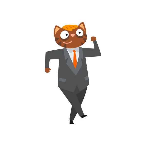 Grappige zakenman kat in een pak, gehumaniseerd dierlijk beeldverhaal teken bij werk vector illustratie — Stockvector