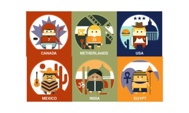 Düz vektör kare resimler farklı milletlerden insanlarla ayarlayın. Geleneksel giysiler içinde karakter