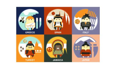 Geleneksel semboller ile Ulusal giysiler farklı ülkelerin halkının düz vektör ayarla