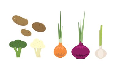 Taze çiftlik sebze düz vektör kümesi. Patates, brokoli ve soğan. Doğal ürün. Eko gıda
