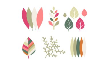 Renkli yaprakları düz vektör kümesi. Botanik tema. Tekstil, davet veya kartpostal için dekoratif elemanlar