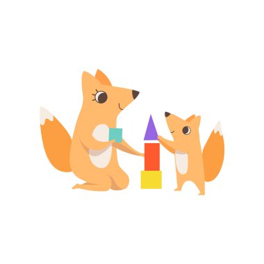 Sevgi dolu anne fox bir oyuncak piramit onun küçük bebek, hayvan Aile kavramı vektör çizim ebeveynlik ile oynamaktan