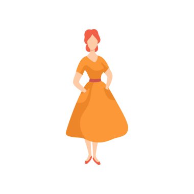 Genç güzel kadın vintage elbise giyiyor, 70s insanlardan retro moda resimde beyaz bir arka plan üzerinde vektör