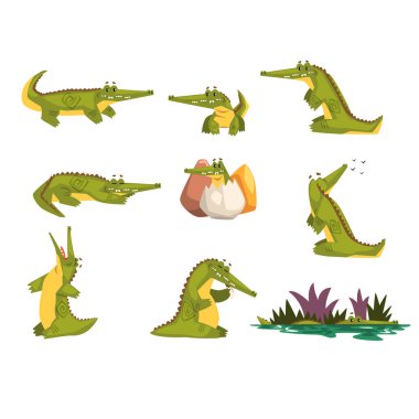 Friendly crocodile in different poses set, funny predator cartoon character, roc daily activities vector Illustration vector Friendly crocodile in different poses set, funny predator cartoon character, roc daily activities vector Illustration vector