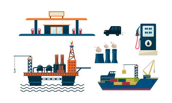 Oil industry business concept. Flat vecroe design of oil platform, gas station, car, ship and factory. Petroleum extraction