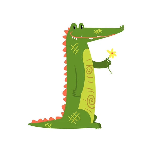 Friendly crocodile standing with flower, funny predator cartoon character vector Illustration on a white background — Stock Vector