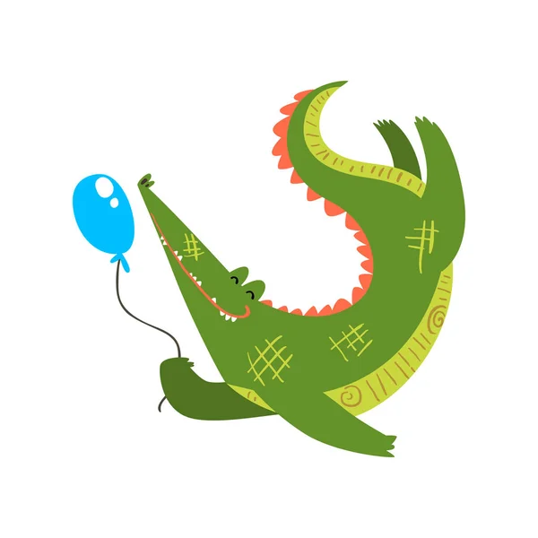 Friendly crocodile playing with balloon, funny predator cartoon character vector Illustration on a white background — Stock Vector