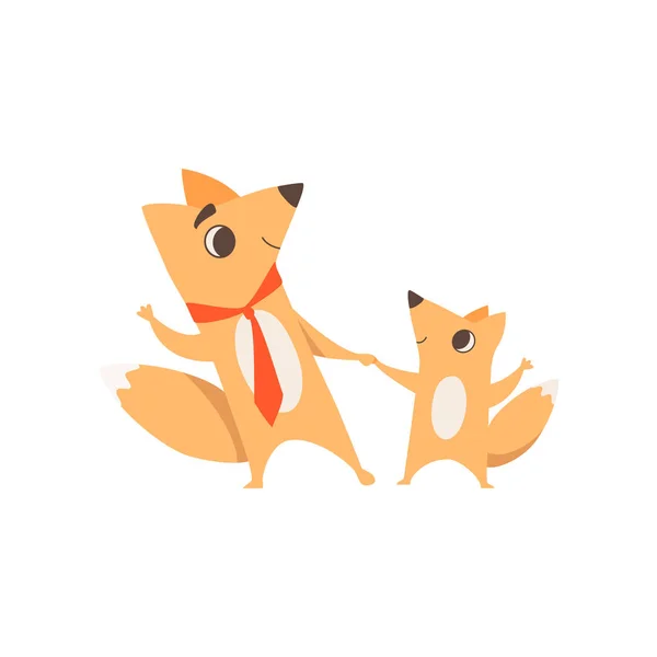 Loving father fox and his little baby holding hands and dancing, animal family, parenting concept vector Ilustração — Vetor de Stock
