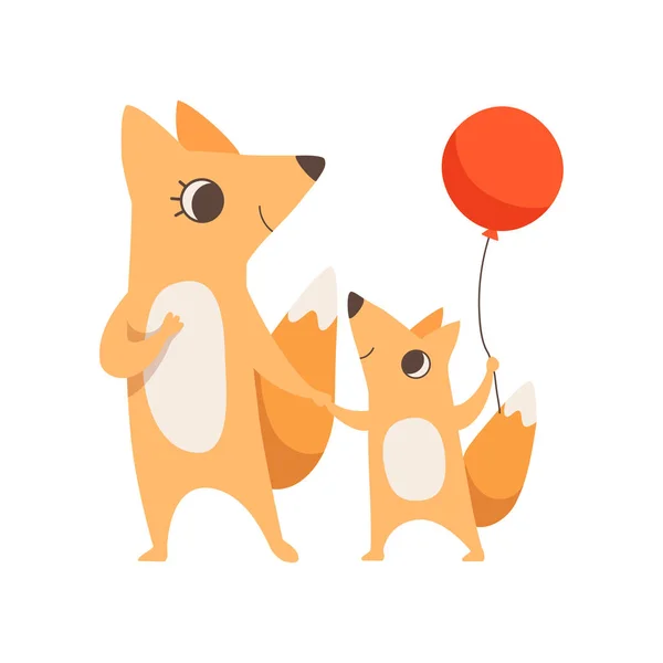 Mère renard aimante et son petit bébé tenant la main, louveteau renard avec ballon rouge, famille animale, vecteur concept parental Illustration — Image vectorielle