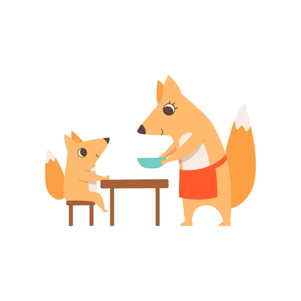 Loving mother fox serving plate to her child who is sitting at the dinner table, animal family, parenting concept vector Illustration — Stock Vector