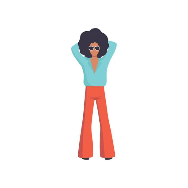 Hombre joven con peinado afro rizado, gente de moda retro de los años 70 con vector de ropa vintage Ilustración — Vector de stock