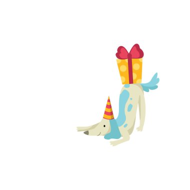 Sevimli köpek hediye kutusu ile parti şapkalı, komik karikatür hayvan karakter Doğum günü partisinde vektör çizim