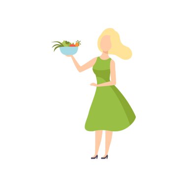 Bir kase sebze, sağlıklı beslenme, diyet, organik vegan gıda vektör çizim tutan genç güzel kadın