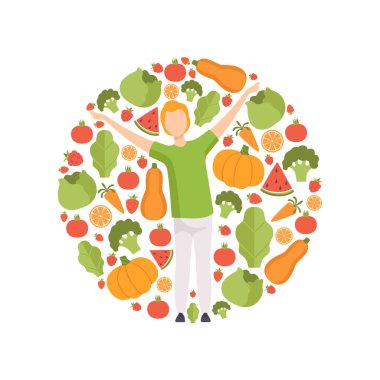Genç adam sebze ve meyveler, sağlıklı çevrili beslenme, diyet, organik vegan gıda vektör çizim