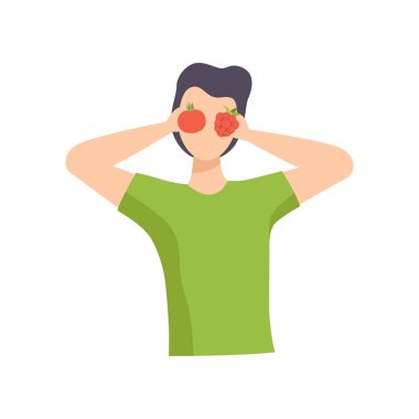 Genç adam holding domates ve ahududu yakınındaki yüzünü, sağlıklı yemek, diyet, organik vegan gıda vektör çizim